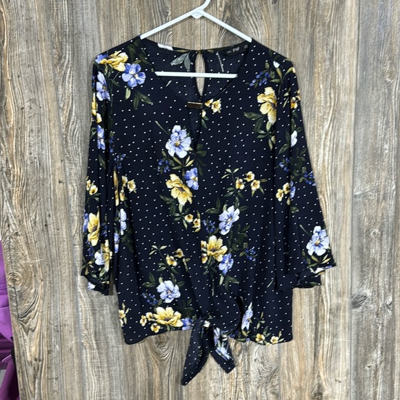 Navy And White Polka Dot Floral Blouse - Picture 1 of 7